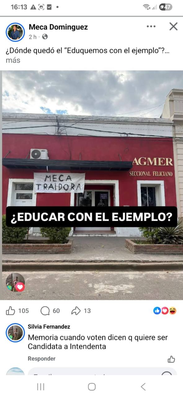 Publicación de Meca Domínguez sobre el cartel colocado en la sede de AGMER Feliciano