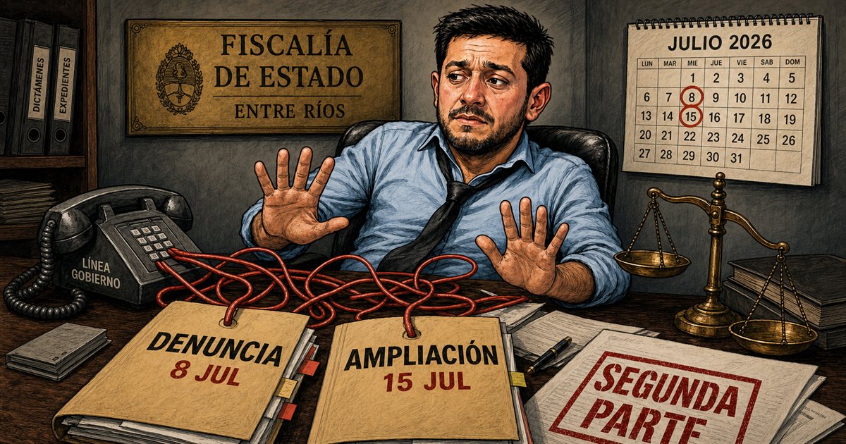 Caricatura editorial panorámica sobre la ampliación de la denuncia contra el fiscal de Estado adjunto de Entre Ríos
