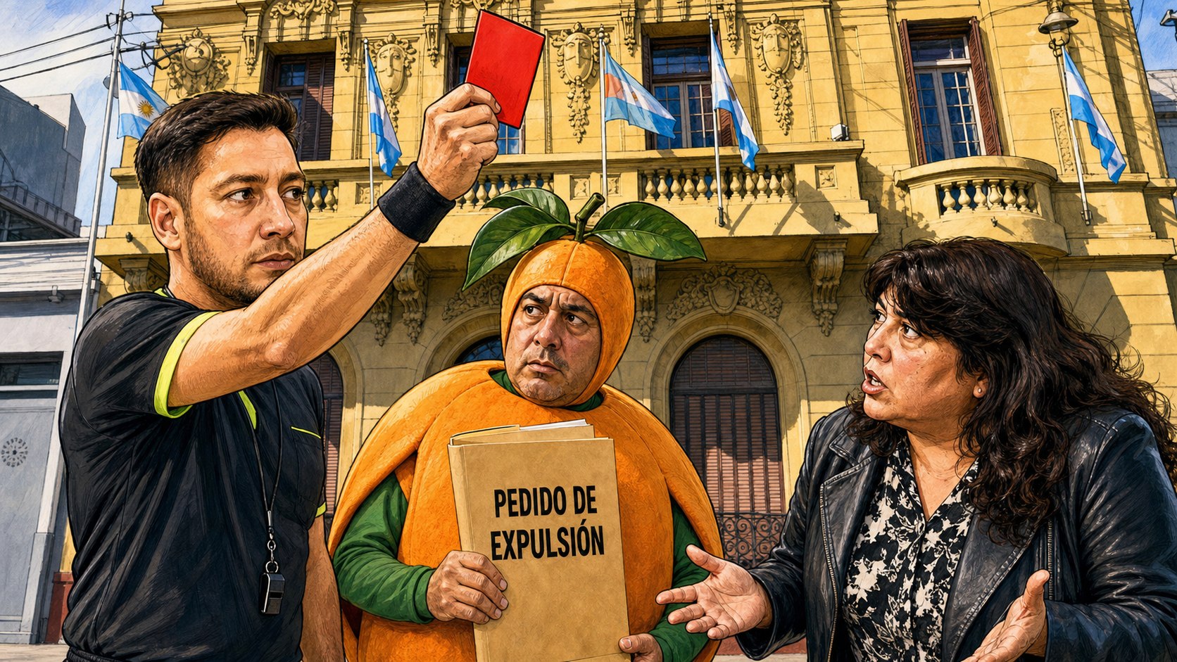 Caricatura de Mauro Díaz Chávez mostrando tarjeta roja a Nancy Miranda junto a un hombre disfrazado de quinoto