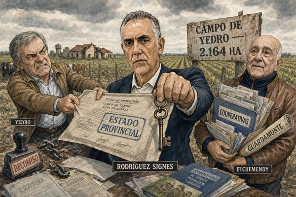 Caricatura editorial sobre el campo de Yedro, con Rodríguez Signes, Mario Yedro y Ricardo Etchemendy