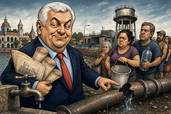 Caricatura de José Lauritto junto a un caño roto y vecinos con baldes por los cortes de agua en Concepción del Uruguay