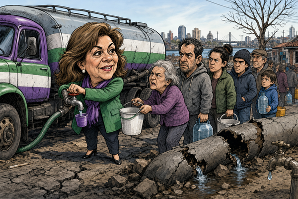 Caricatura de Rosario Romero repartiendo agua desde un camión cisterna mientras vecinos esperan con baldes