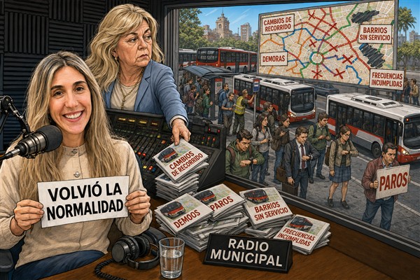Caricatura sobre Luisina Minni, la radio municipal y las fallas del transporte público de Paraná