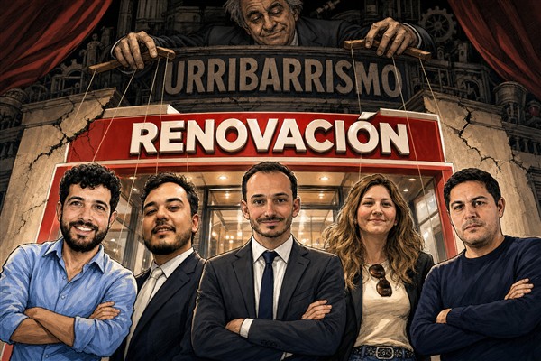 Caricatura editorial: caras nuevas bajo el cartel Renovación y el viejo urribarrismo moviendo los hilos
