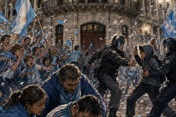 Caricatura editorial sobre la violencia durante los festejos frente a la Municipalidad de Paraná