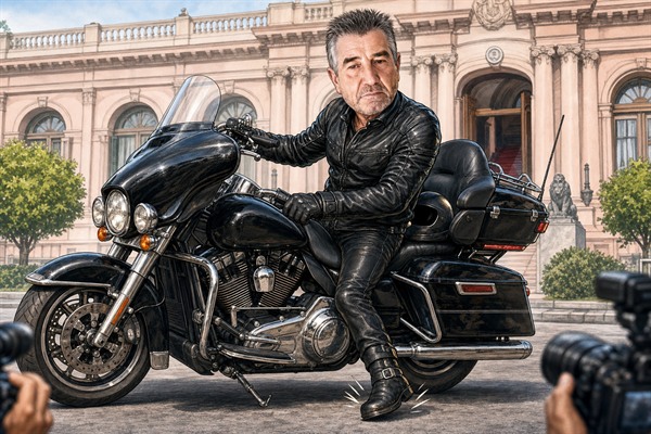 Caricatura editorial de Néstor Roncaglia junto a una motocicleta de gran porte